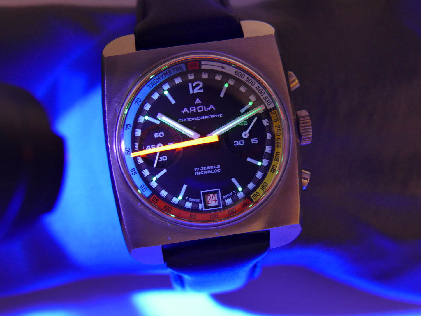70s vintage watch mens chronograph Arola valjoux 7734 rainbow very rare