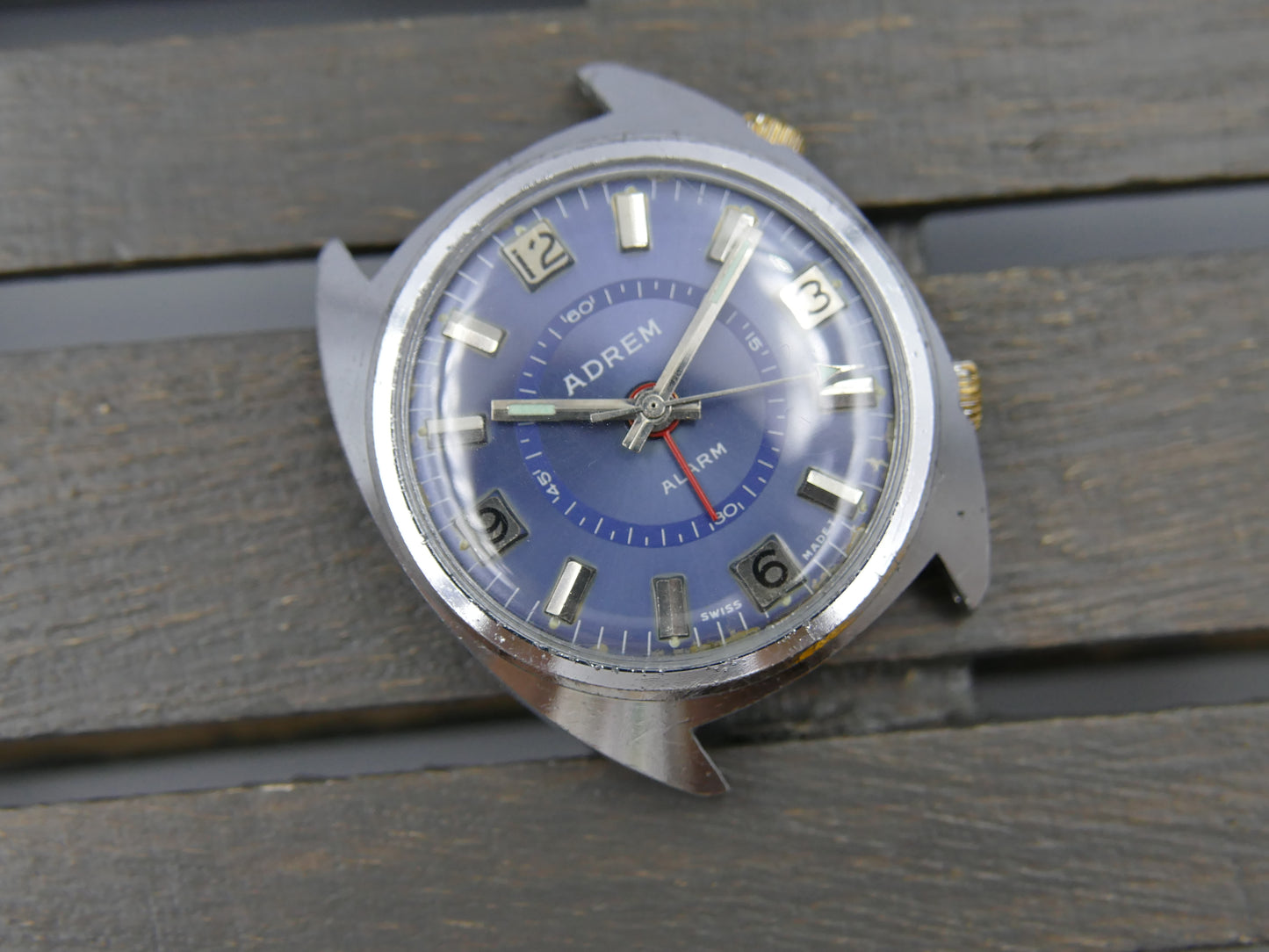70s vintage watch mens swiss Adrem Mechanical Alarm Blue Dial Ronda 1223
