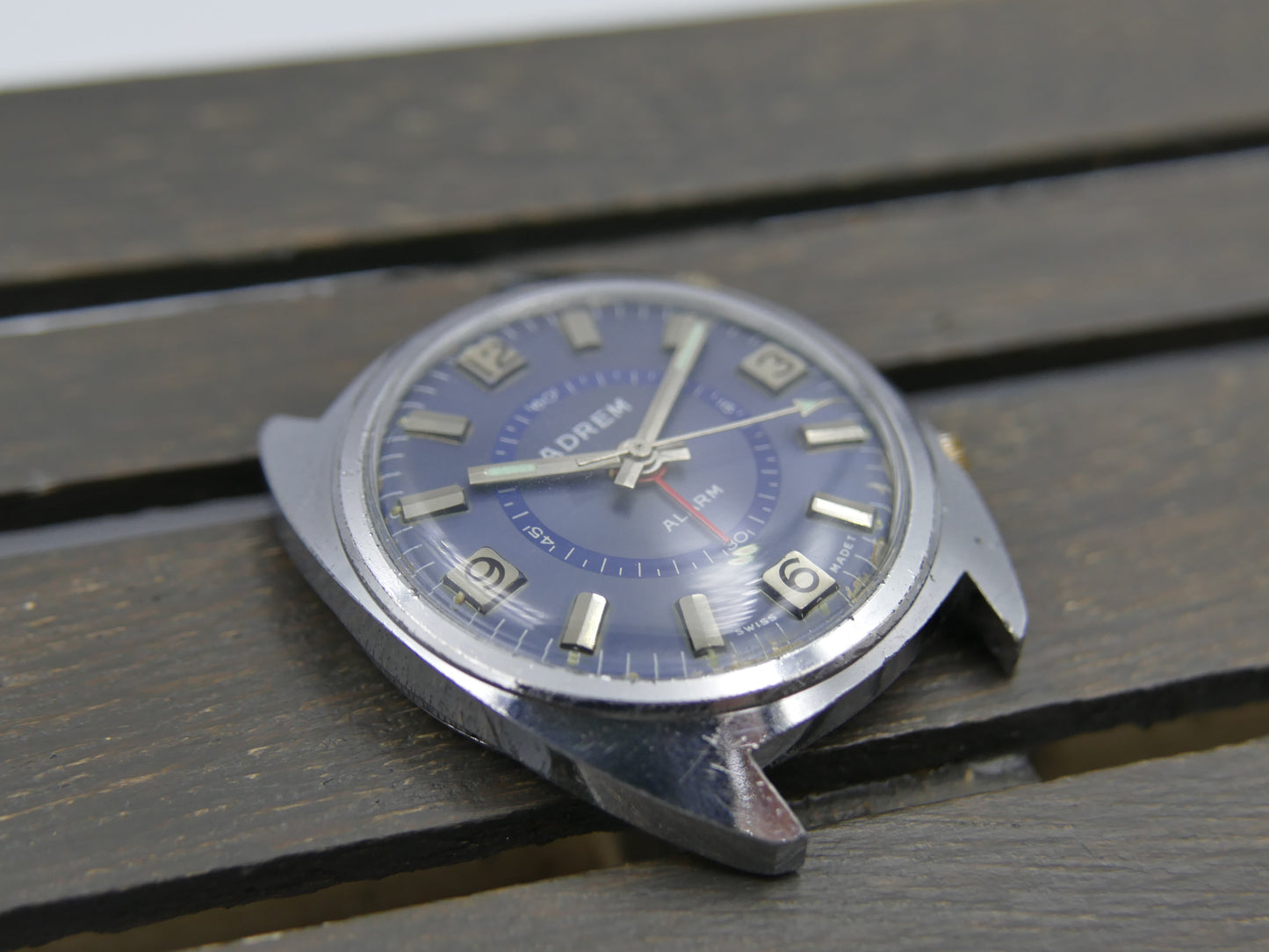 70s vintage watch mens swiss Adrem Mechanical Alarm Blue Dial Ronda 1223