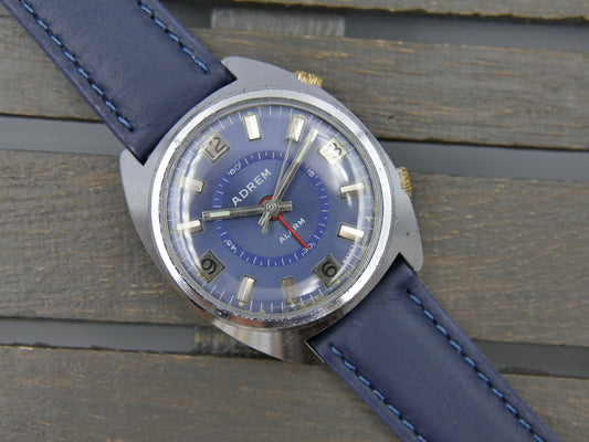70s vintage watch mens swiss Adrem Mechanical Alarm Blue Dial Ronda 1223
