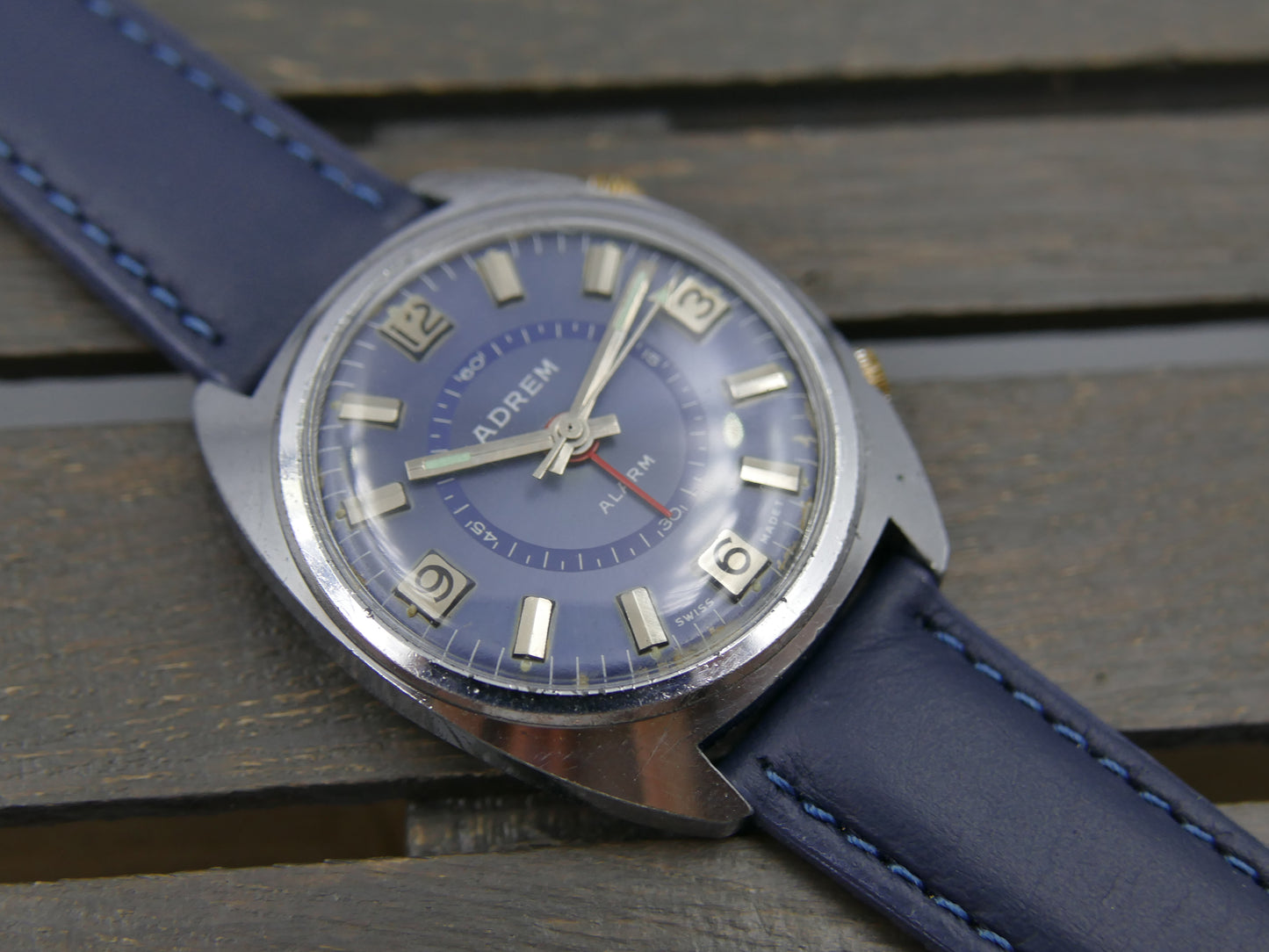 70s vintage watch mens swiss Adrem Mechanical Alarm Blue Dial Ronda 1223
