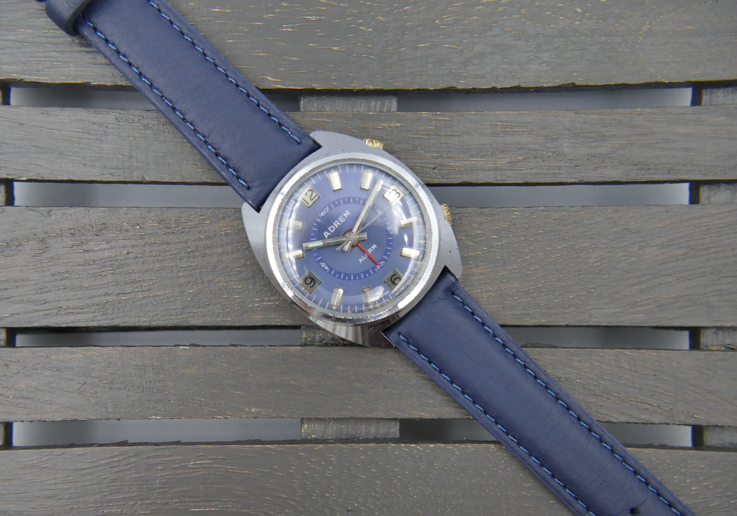 70s vintage watch mens swiss Adrem Mechanical Alarm Blue Dial Ronda 1223
