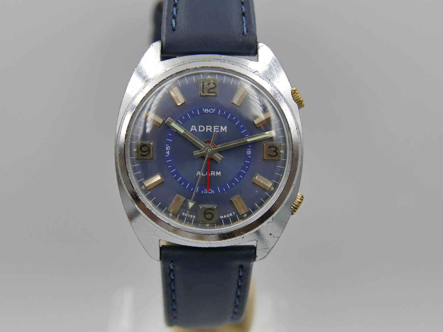 70s vintage watch mens swiss Adrem Mechanical Alarm Blue Dial Ronda 1223