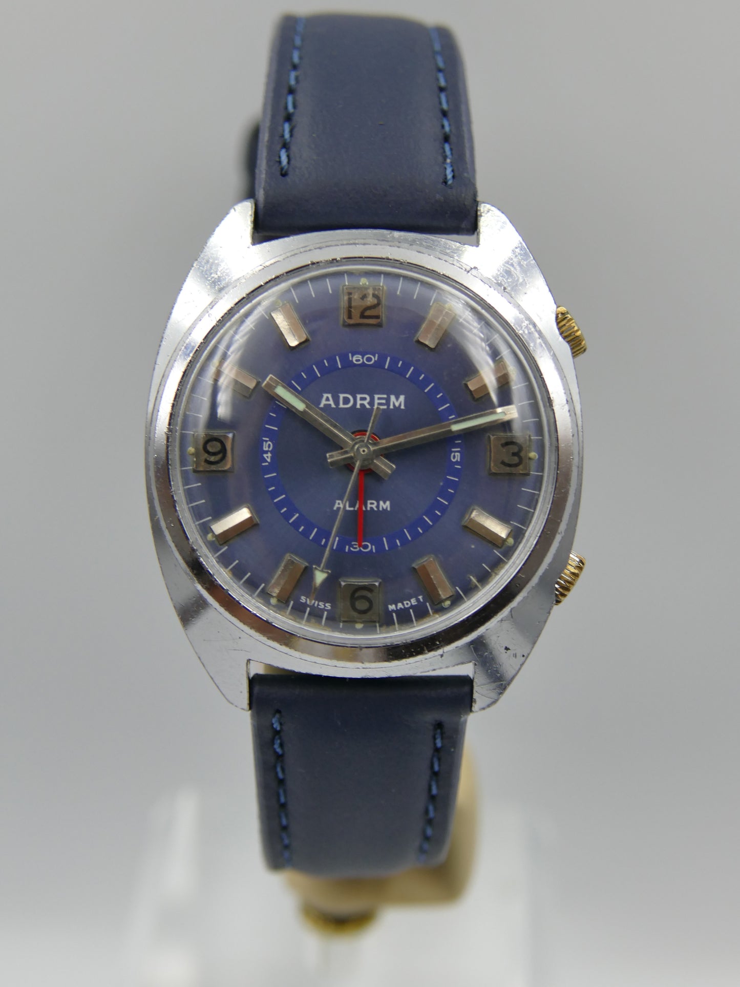 70s vintage watch mens swiss Adrem Mechanical Alarm Blue Dial Ronda 1223