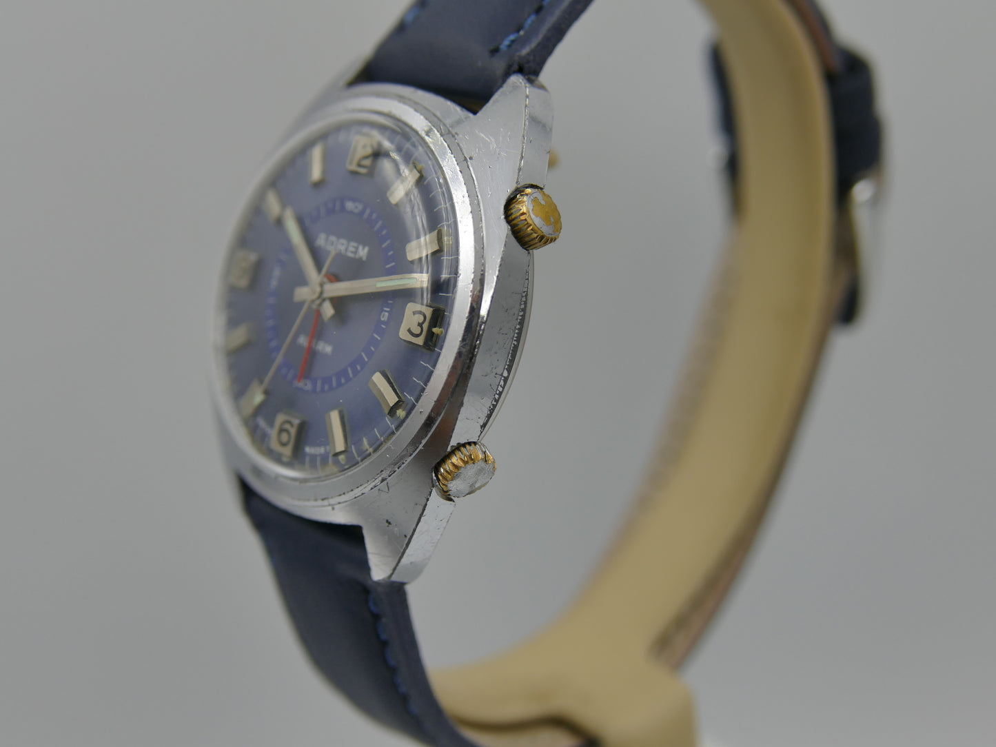 70s vintage watch mens swiss Adrem Mechanical Alarm Blue Dial Ronda 1223