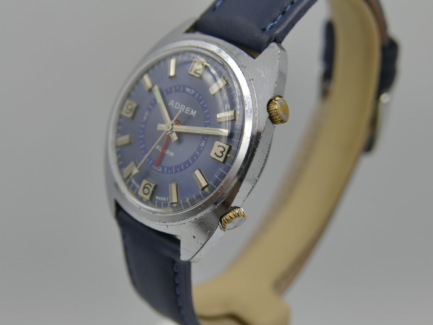 70s vintage watch mens swiss Adrem Mechanical Alarm Blue Dial Ronda 1223