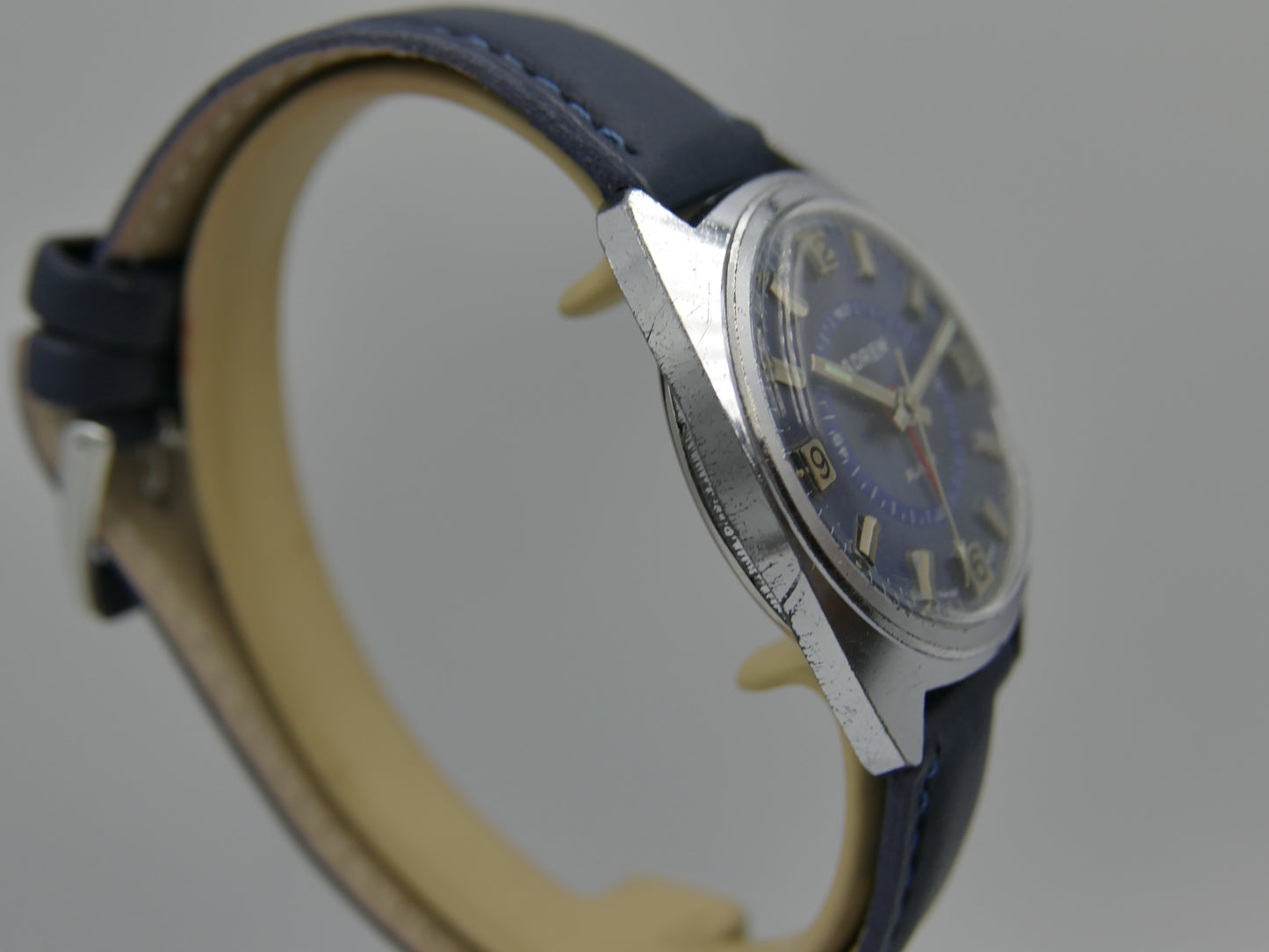 70s vintage watch mens swiss Adrem Mechanical Alarm Blue Dial Ronda 1223