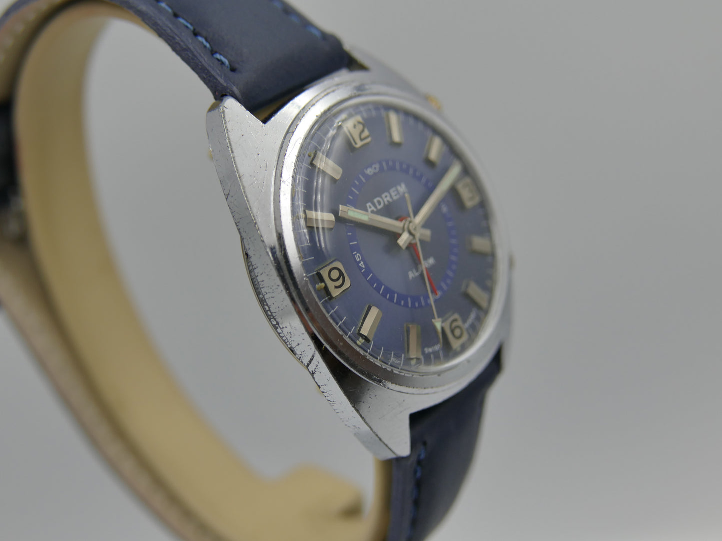 70s vintage watch mens swiss Adrem Mechanical Alarm Blue Dial Ronda 1223