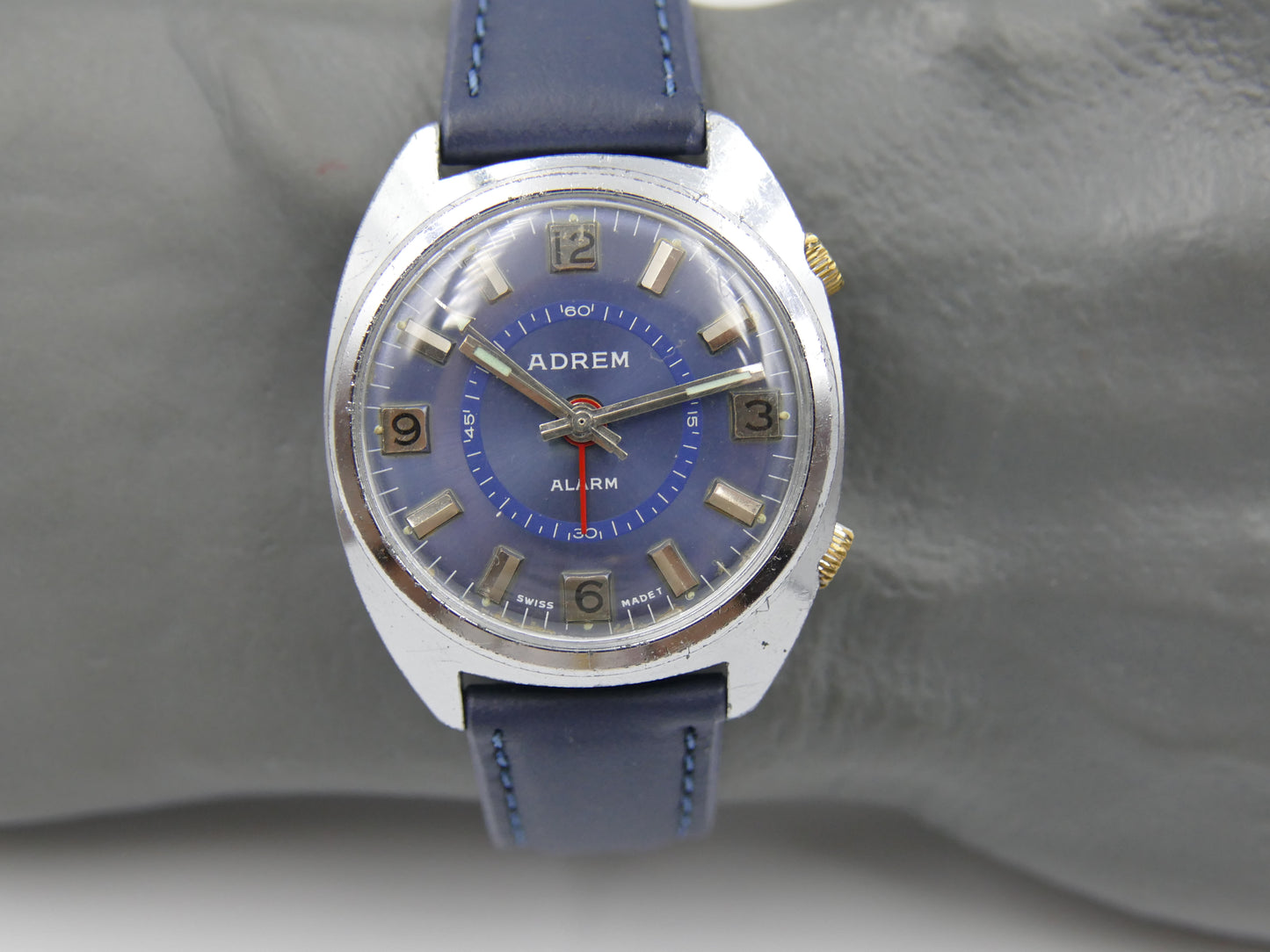 70s vintage watch mens swiss Adrem Mechanical Alarm Blue Dial Ronda 1223