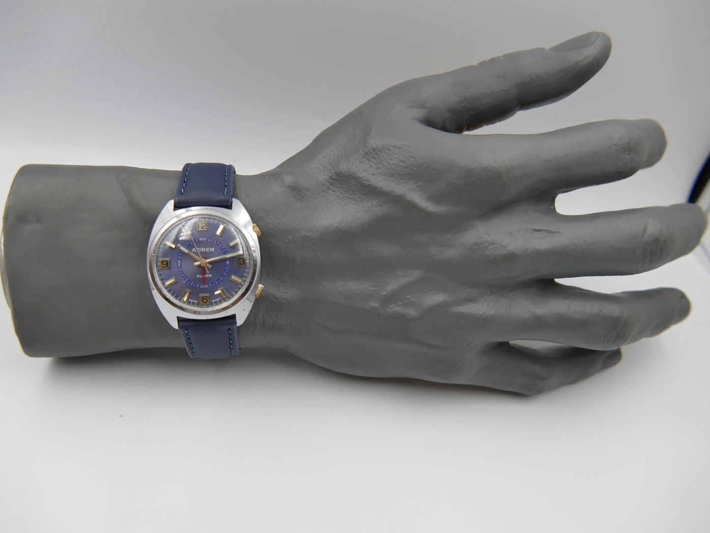 70s vintage watch mens swiss Adrem Mechanical Alarm Blue Dial Ronda 1223