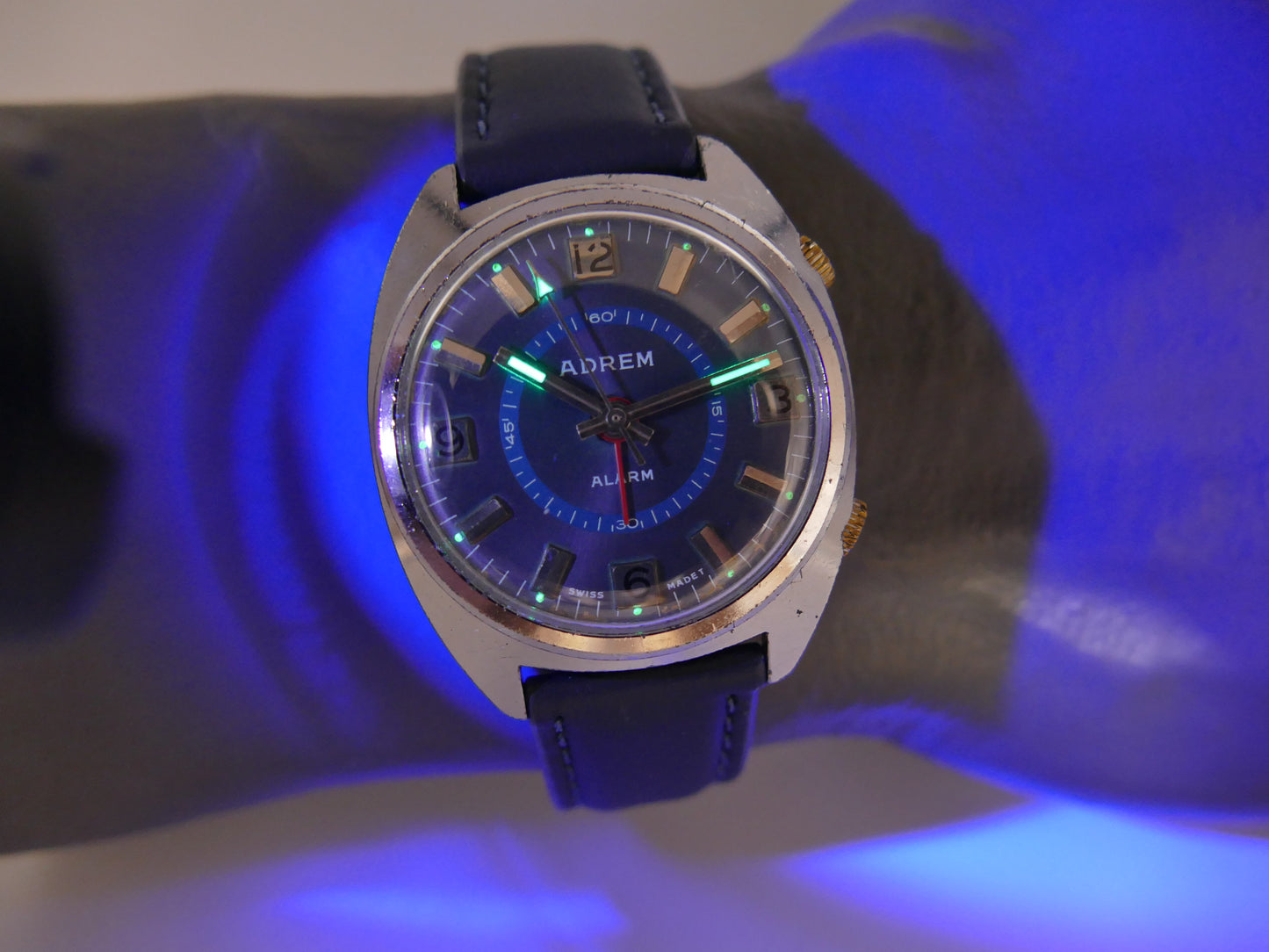70s vintage watch mens swiss Adrem Mechanical Alarm Blue Dial Ronda 1223