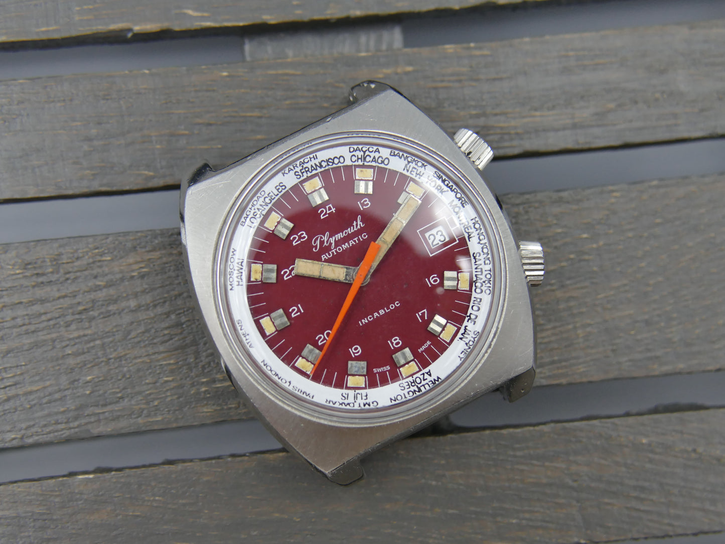 70s vintage watch mens Plymouth World Time Automatic Eta 2783 burgundy dial