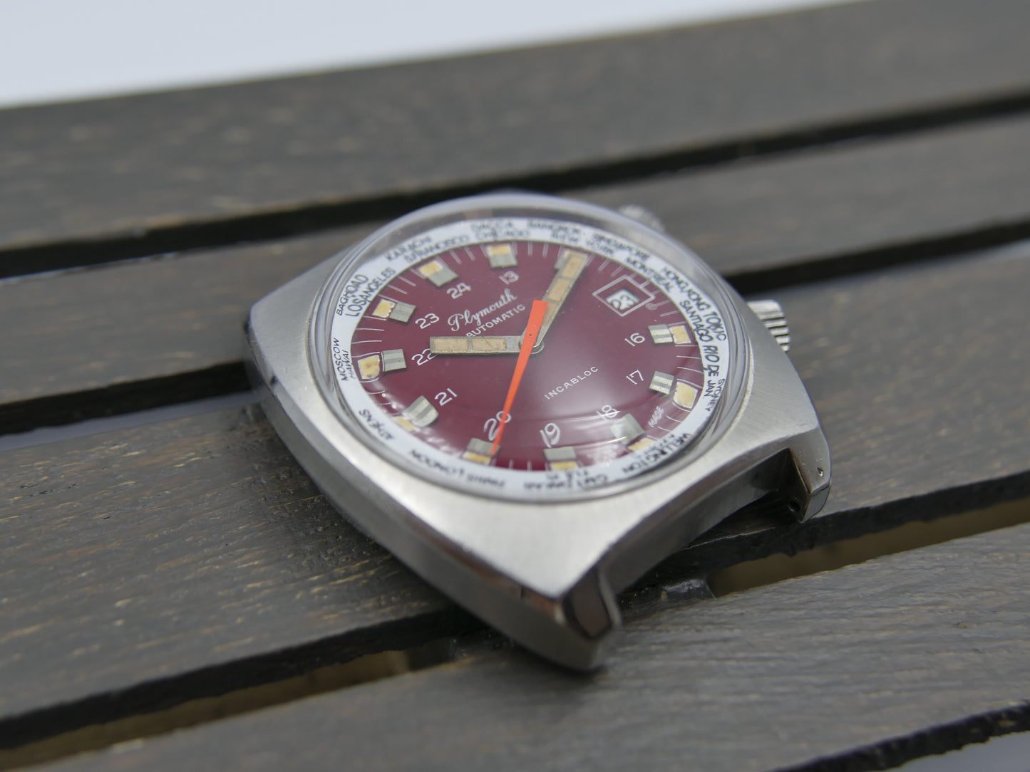 70s vintage watch mens Plymouth World Time Automatic Eta 2783 burgundy dial