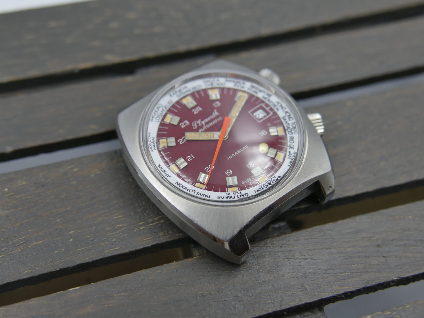 70s vintage watch mens Plymouth World Time Automatic Eta 2783 burgundy dial