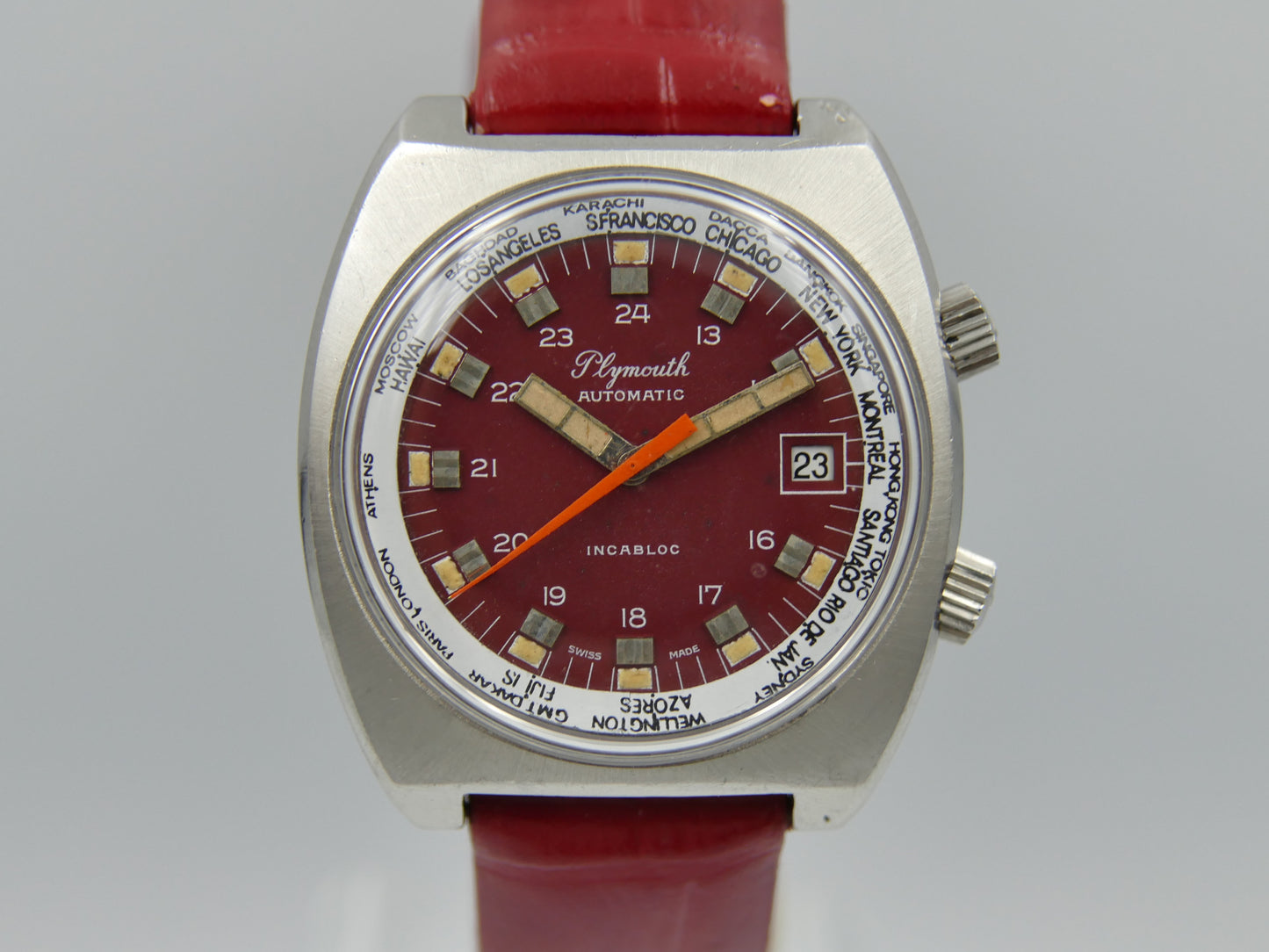 70s vintage watch mens Plymouth World Time Automatic Eta 2783 burgundy dial