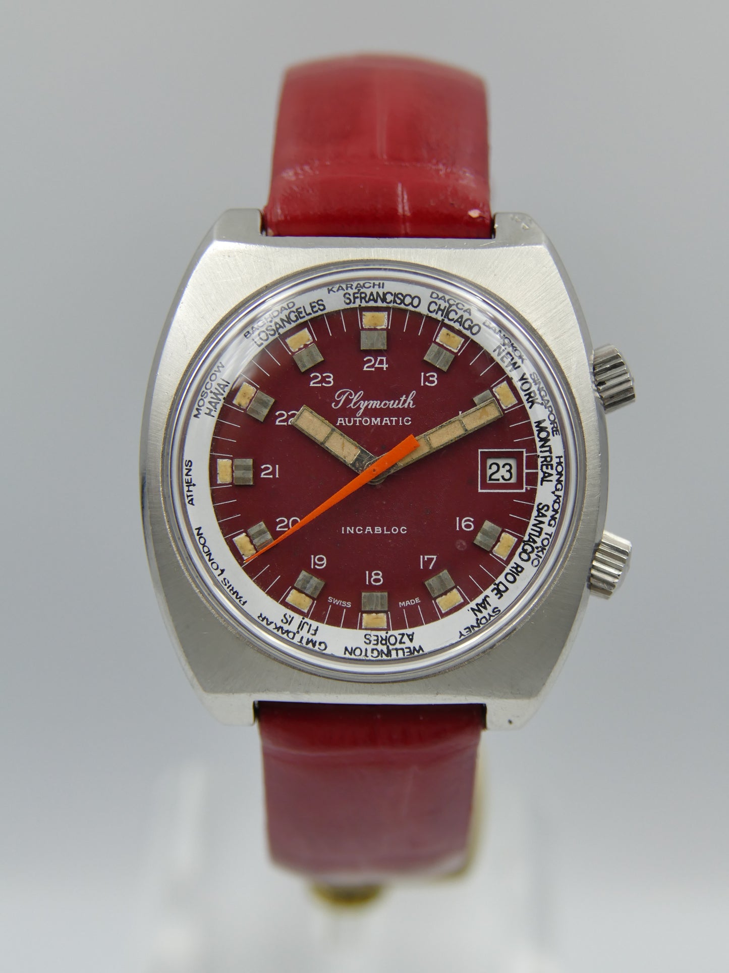 70s vintage watch mens Plymouth World Time Automatic Eta 2783 burgundy dial