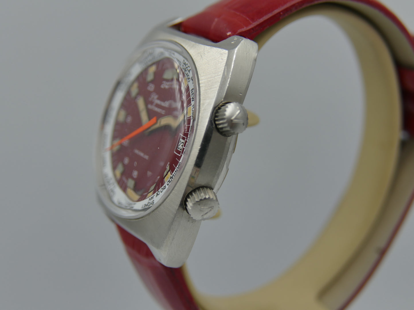 70s vintage watch mens Plymouth World Time Automatic Eta 2783 burgundy dial