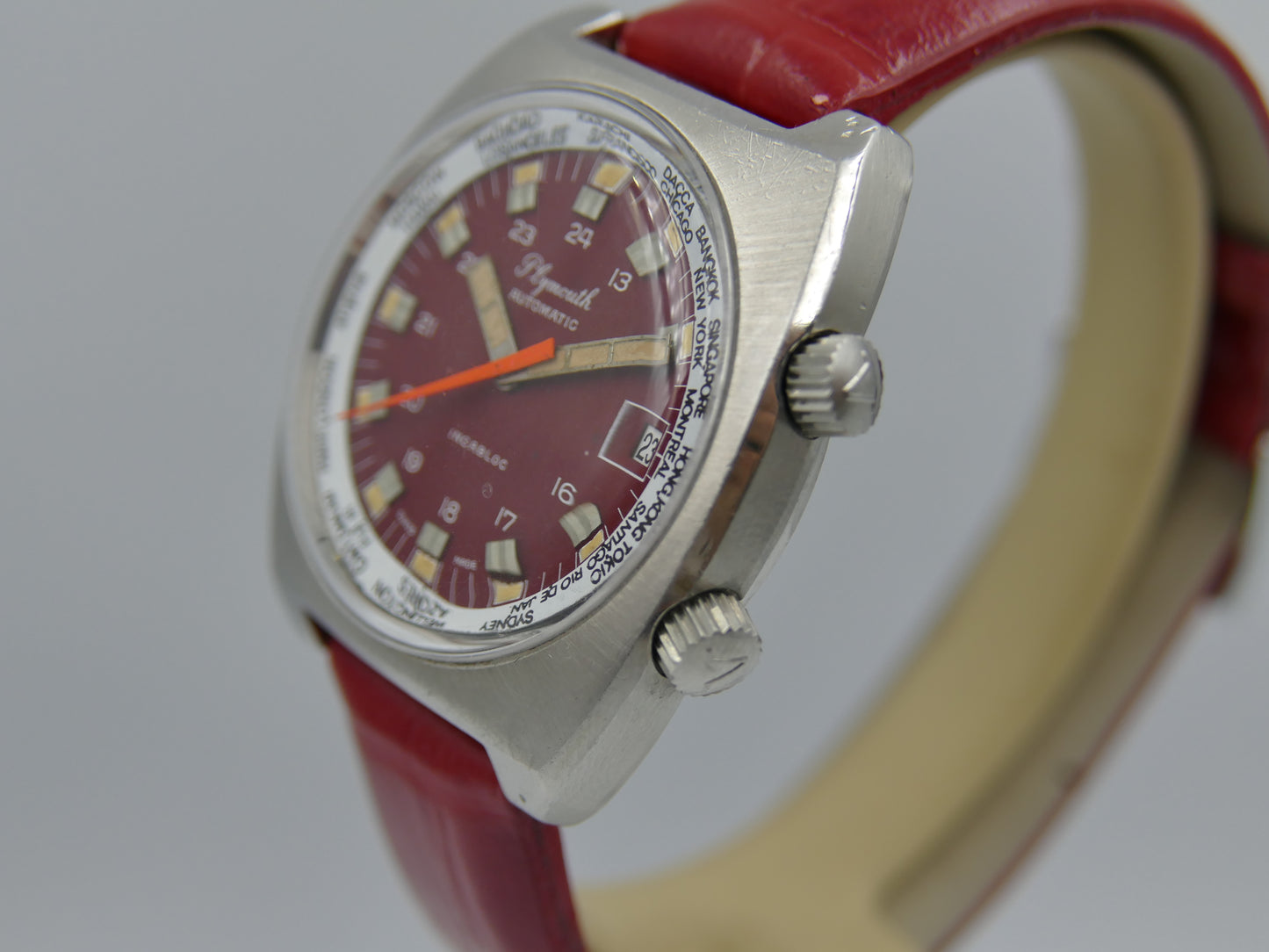 70s vintage watch mens Plymouth World Time Automatic Eta 2783 burgundy dial