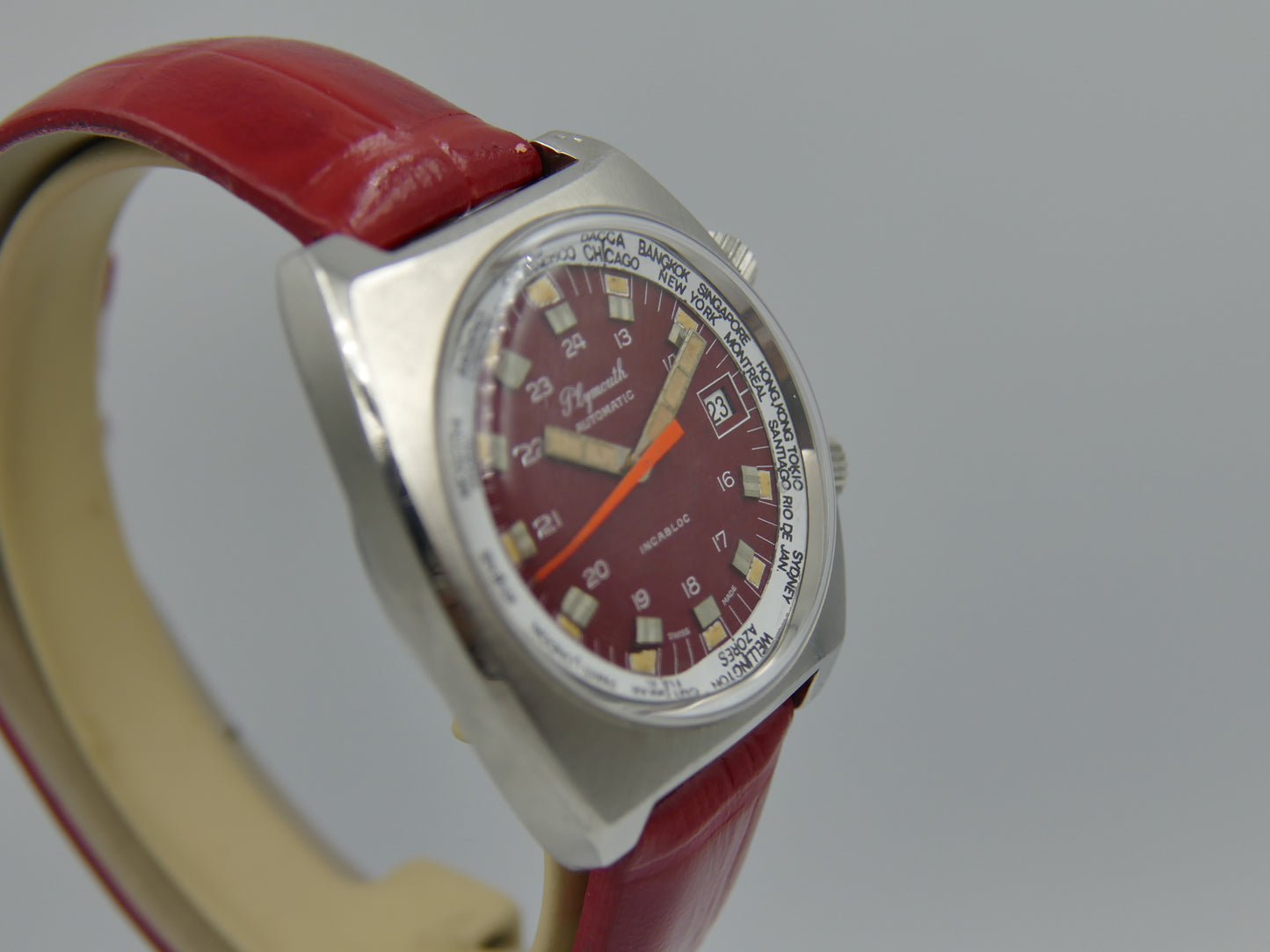 70s vintage watch mens Plymouth World Time Automatic Eta 2783 burgundy dial