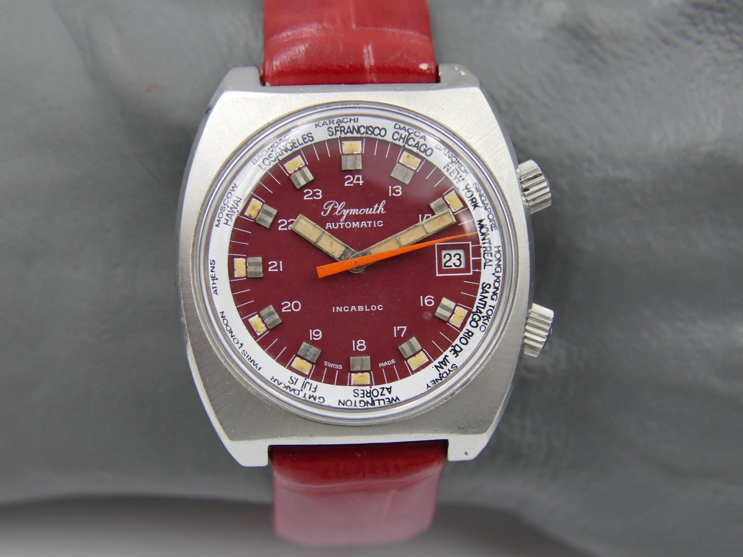 70s vintage watch mens Plymouth World Time Automatic Eta 2783 burgundy dial
