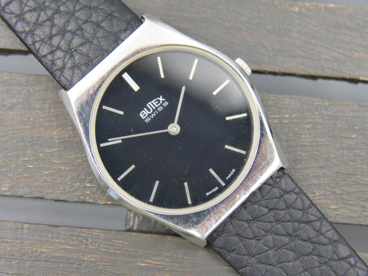 80s vintage watch dress mens Butex BWC swiss hand wind Peseux 7001 slim thin