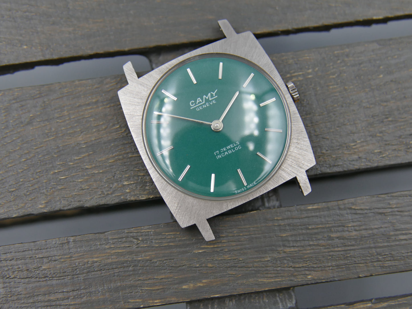 60s vintage watch mens flat Camy ref. 3102 hand wind UT 6365N green dial