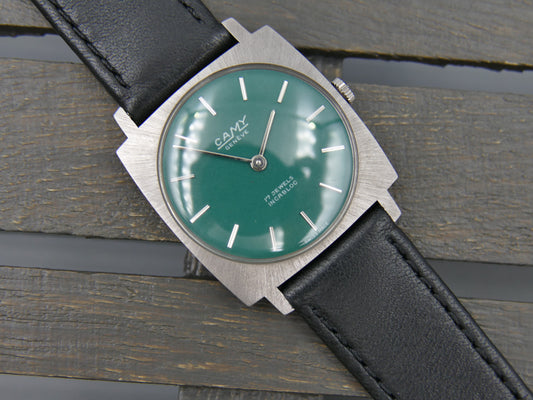 60s vintage watch mens flat Camy ref. 3102 hand wind UT 6365N green dial