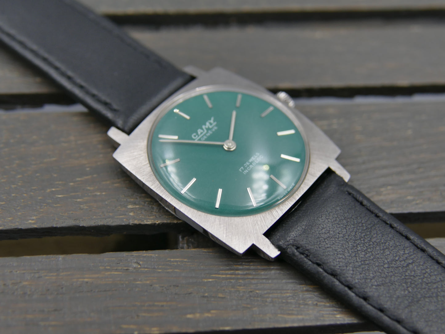 60s vintage watch mens flat Camy ref. 3102 hand wind UT 6365N green dial