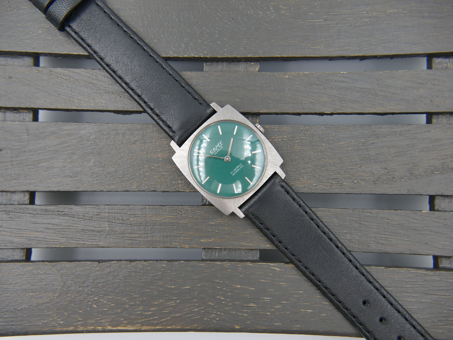 60s vintage watch mens flat Camy ref. 3102 hand wind UT 6365N green dial