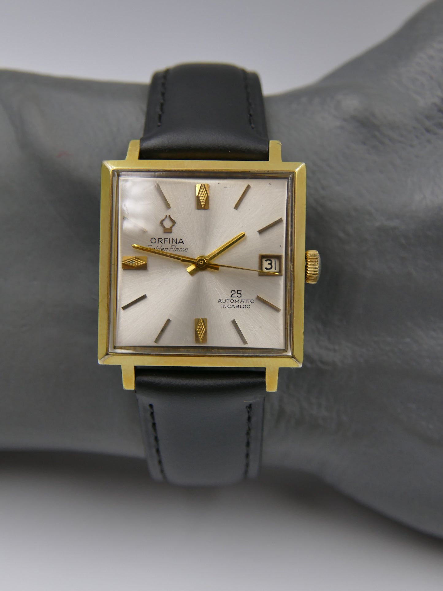 Vintage watch mens dress Orfina Golden Flame Automatic 25 Jewels Square MOD 6320
