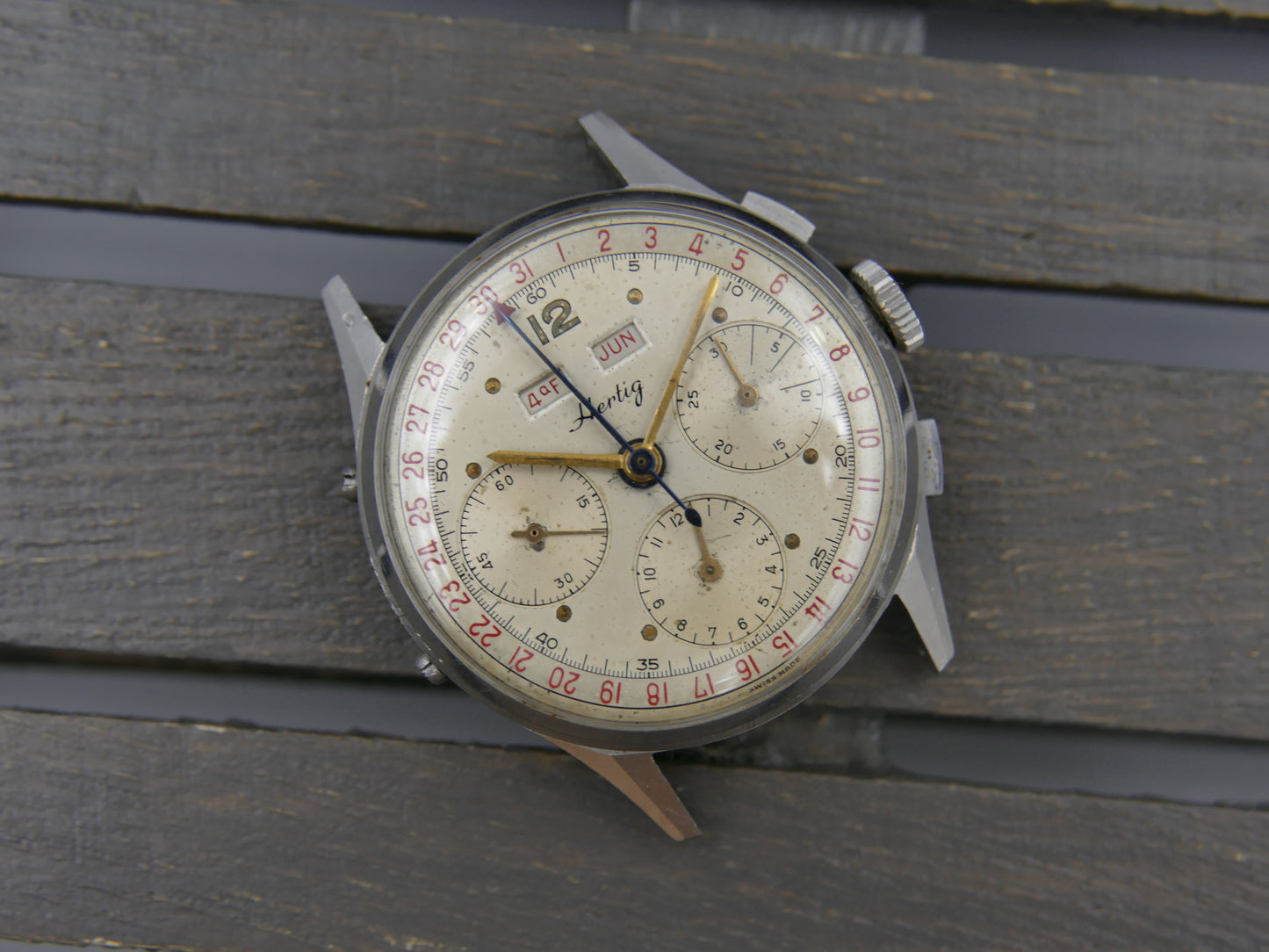 50s vintage watch mens Hertig Chronograph Triple Calendar Valjoux 72 C Extremely Rare