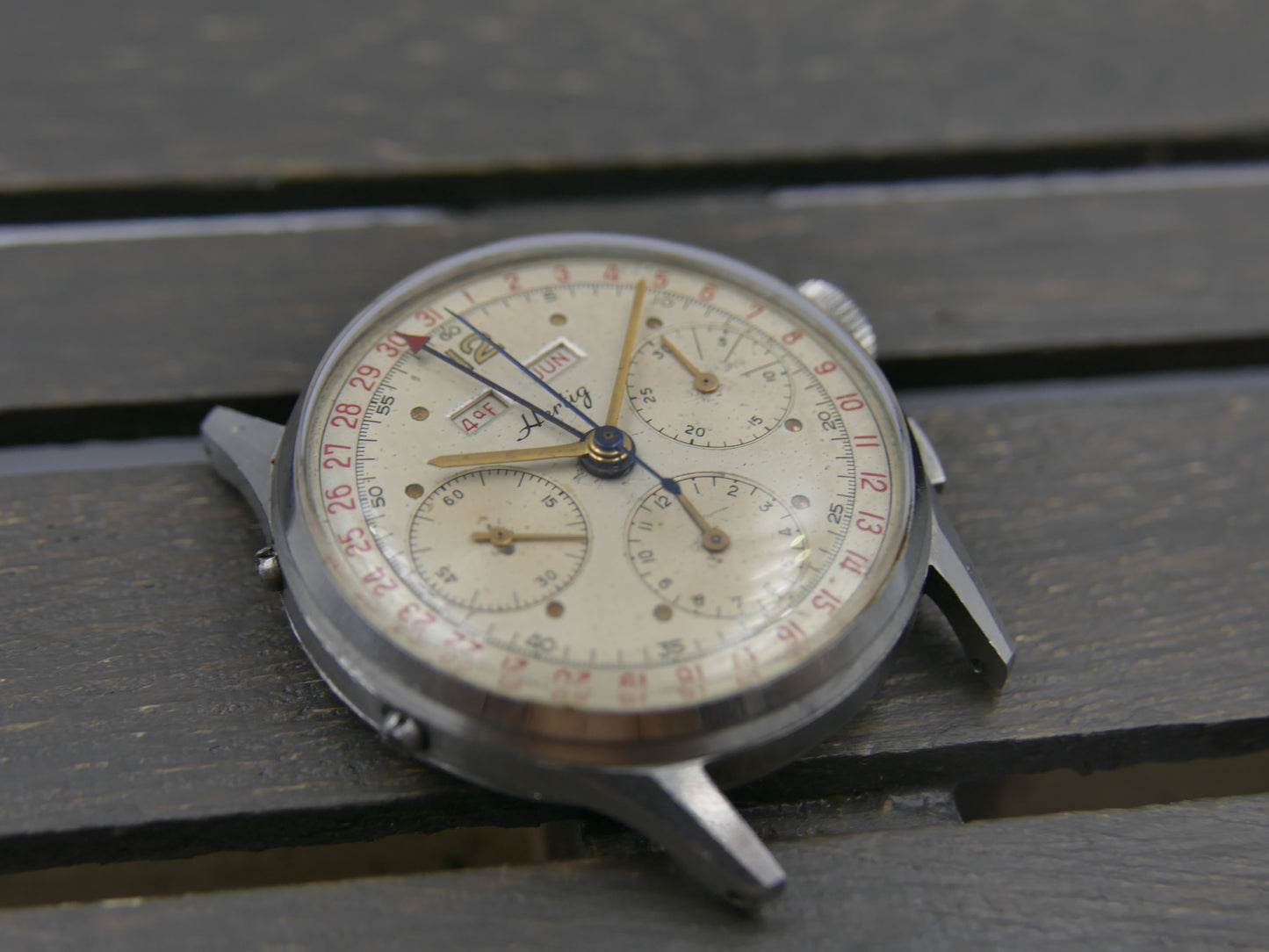 50s vintage watch mens Hertig Chronograph Triple Calendar Valjoux 72 C Extremely Rare