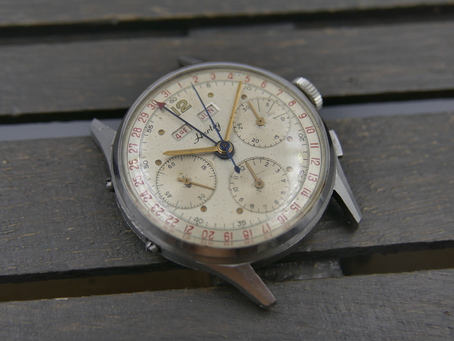 50s vintage watch mens Hertig Chronograph Triple Calendar Valjoux 72 C Extremely Rare