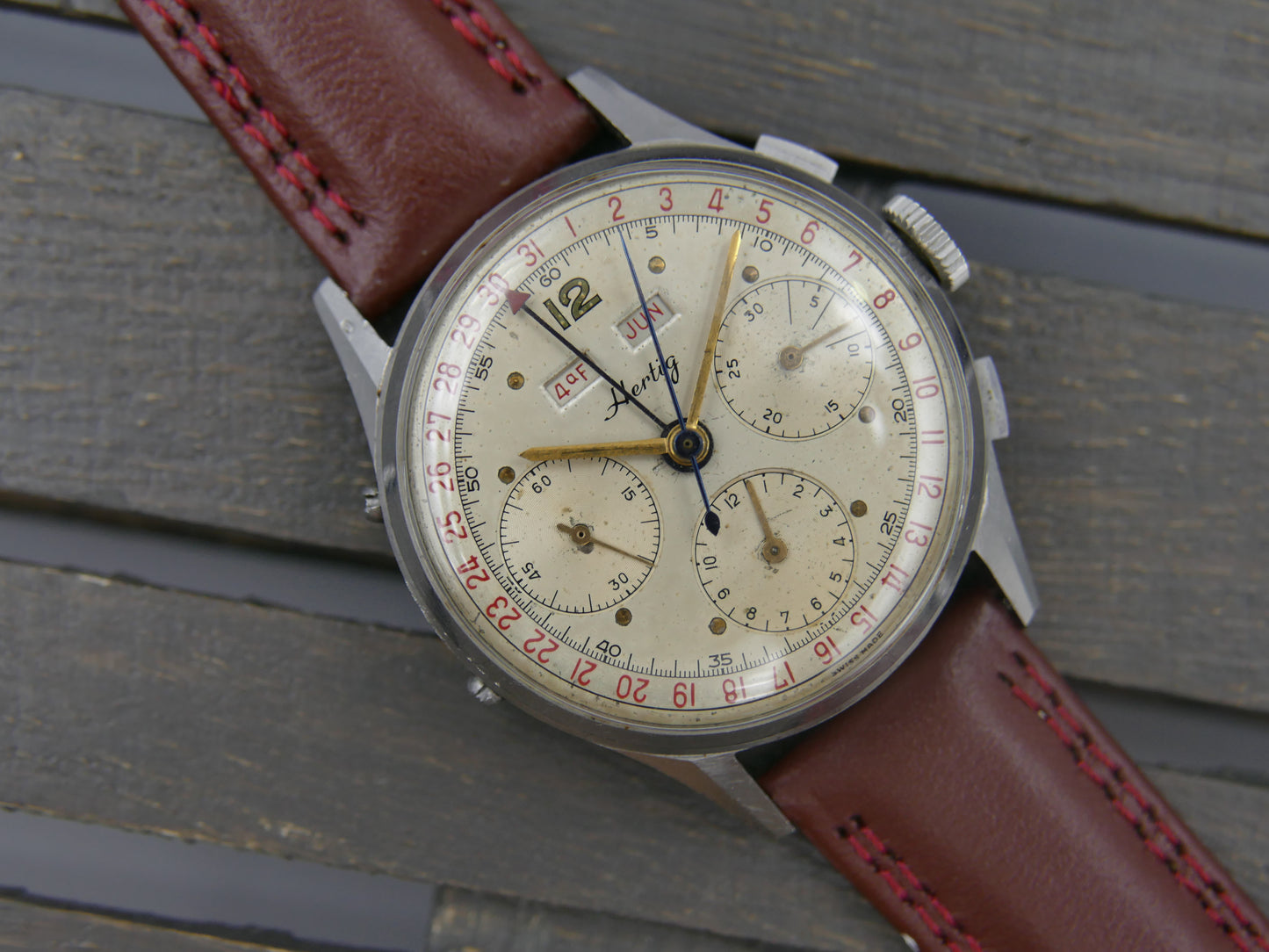 50s vintage watch mens Hertig Chronograph Triple Calendar Valjoux 72 C Extremely Rare
