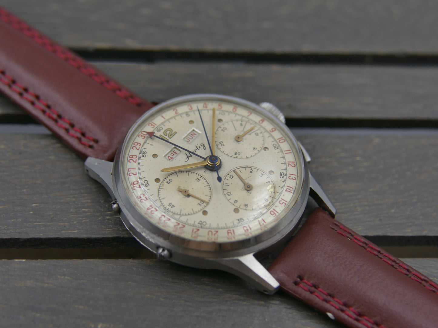 50s vintage watch mens Hertig Chronograph Triple Calendar Valjoux 72 C Extremely Rare