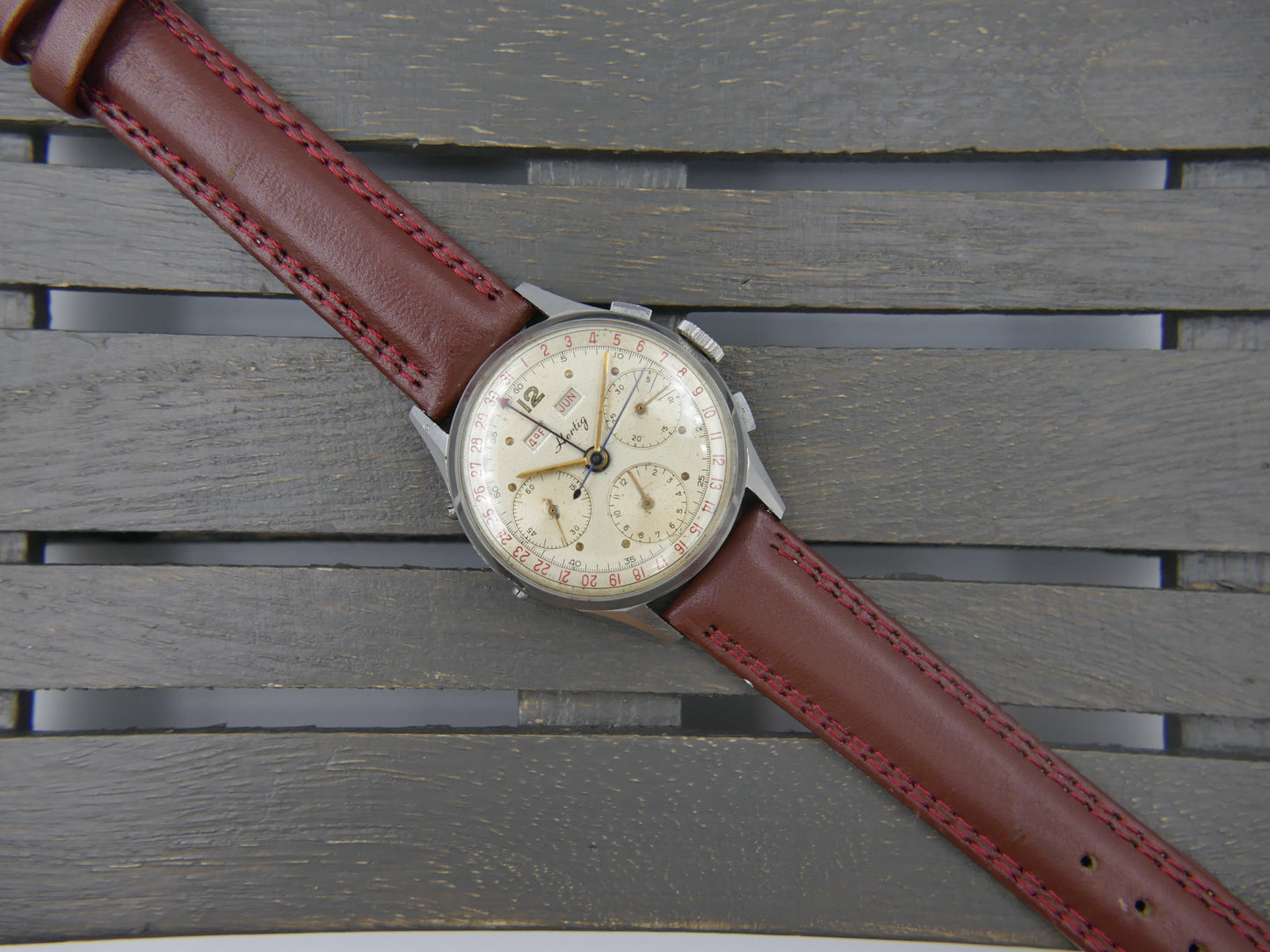 50s vintage watch mens Hertig Chronograph Triple Calendar Valjoux 72 C Extremely Rare