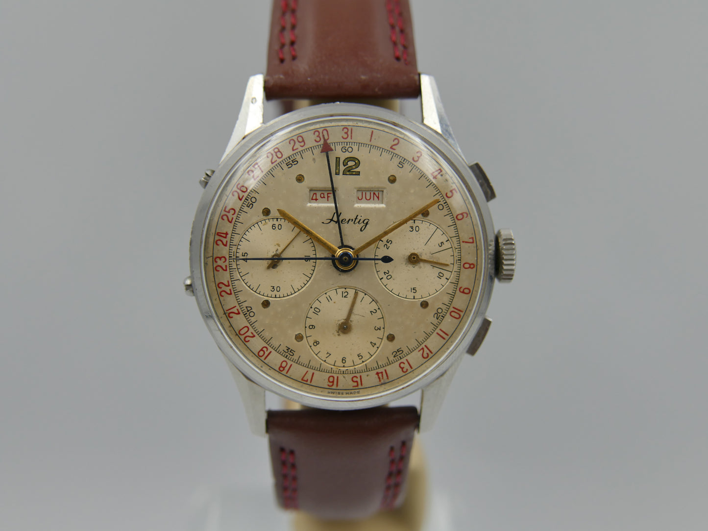 50s vintage watch mens Hertig Chronograph Triple Calendar Valjoux 72 C Extremely Rare