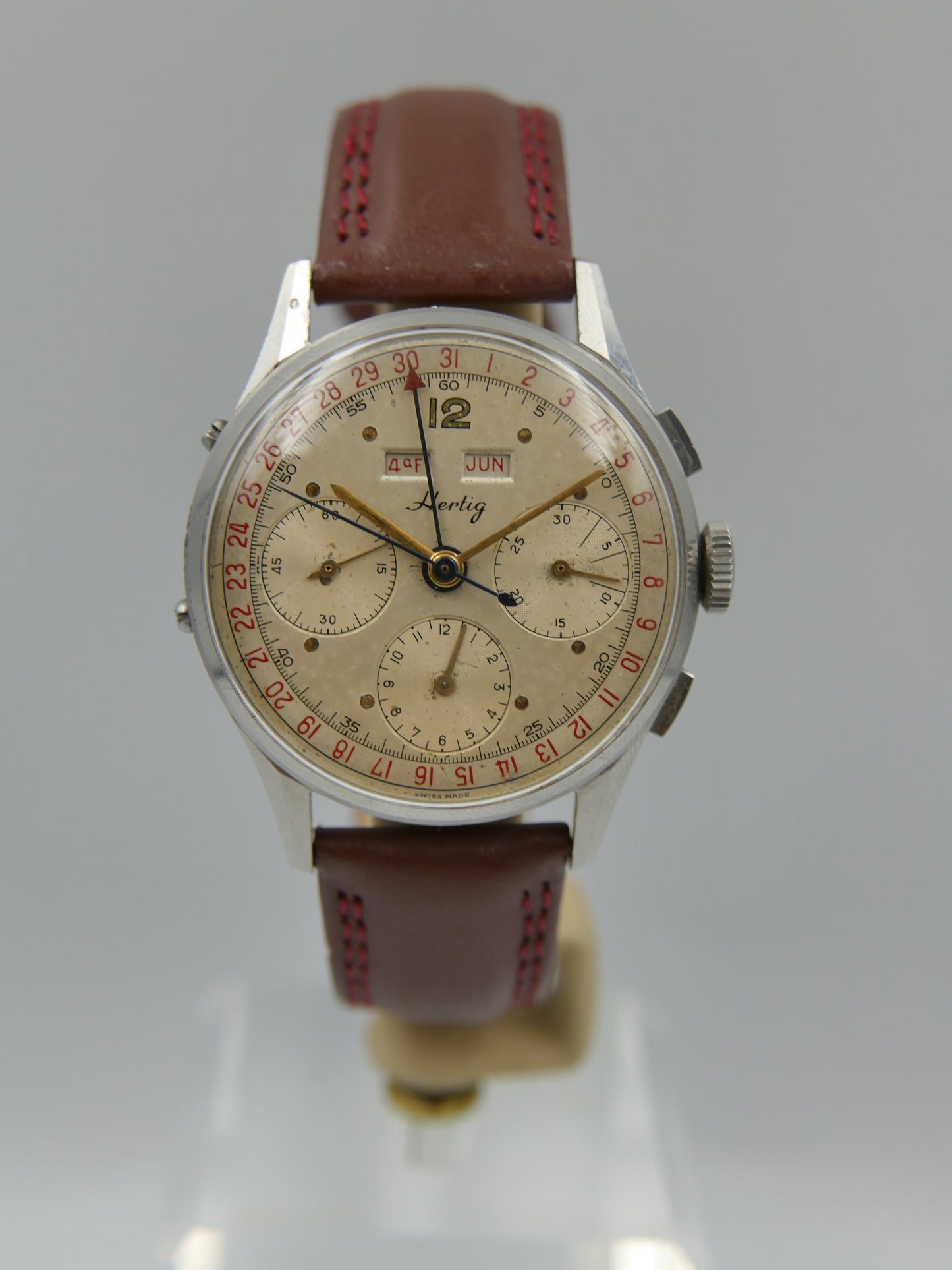 50s vintage watch mens Hertig Chronograph Triple Calendar Valjoux 72 C Extremely Rare