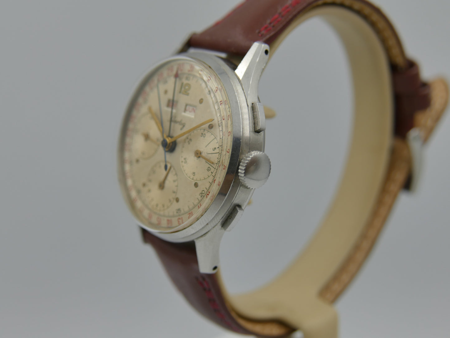 50s vintage watch mens Hertig Chronograph Triple Calendar Valjoux 72 C Extremely Rare