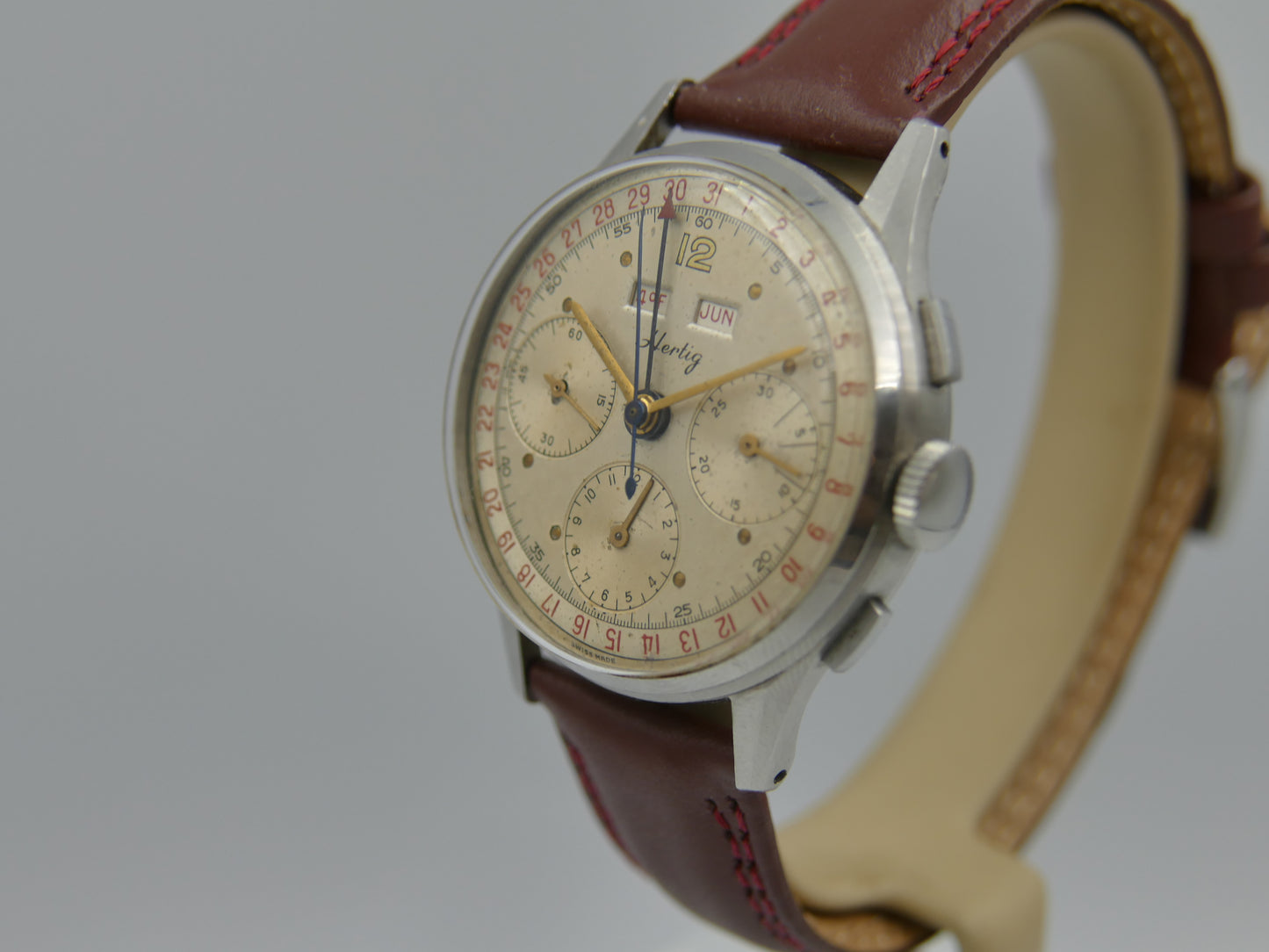 50s vintage watch mens Hertig Chronograph Triple Calendar Valjoux 72 C Extremely Rare