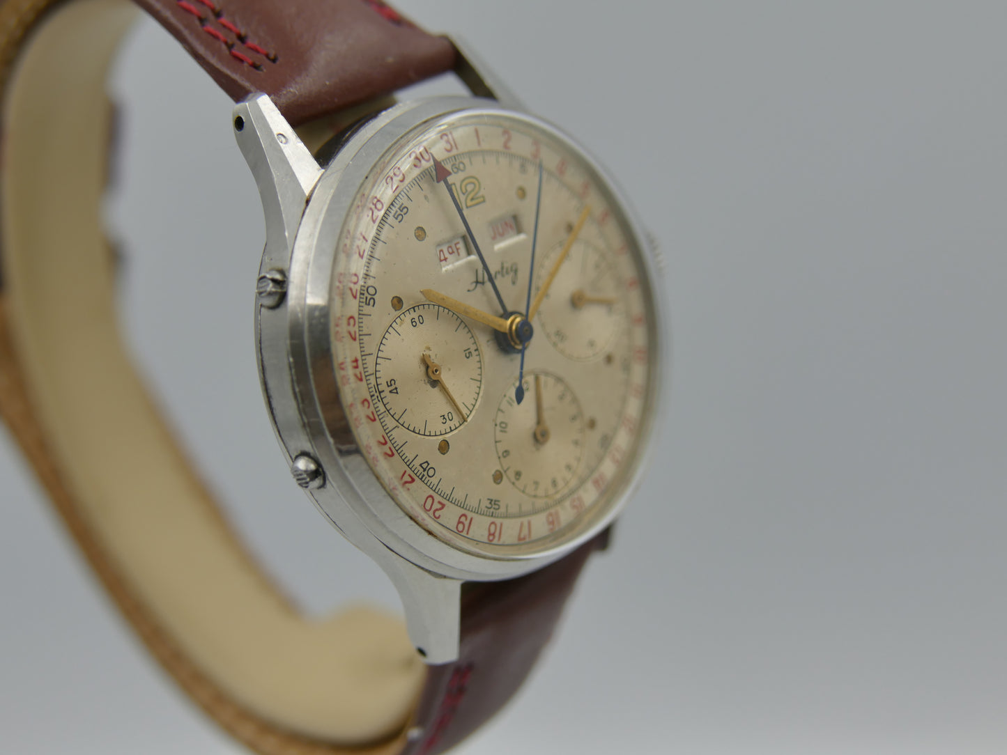 50s vintage watch mens Hertig Chronograph Triple Calendar Valjoux 72 C Extremely Rare