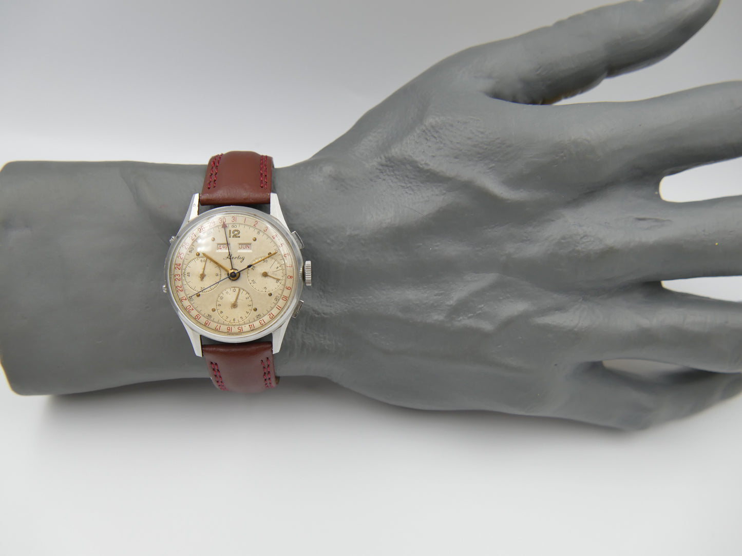 50s vintage watch mens Hertig Chronograph Triple Calendar Valjoux 72 C Extremely Rare