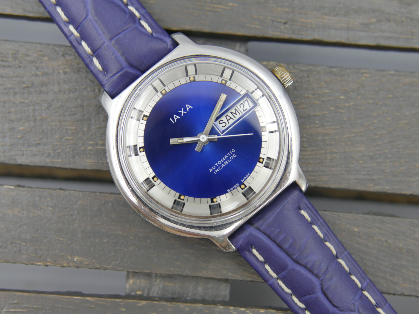 70s vintage watch mens IAXA automatic Eta 2789 blue dial