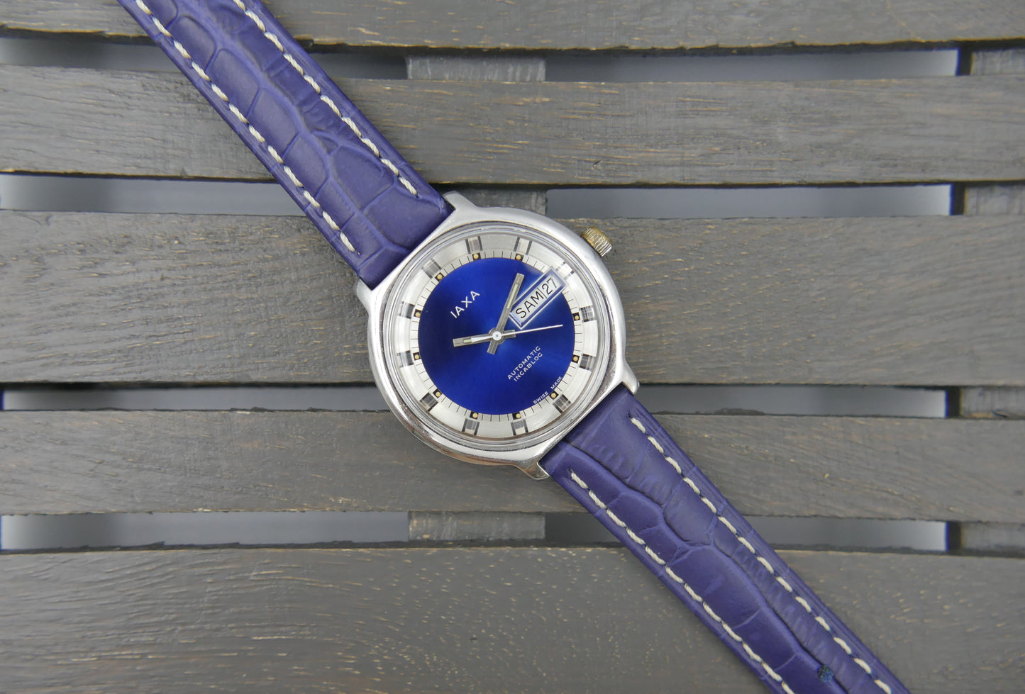 70s vintage watch mens IAXA automatic Eta 2789 blue dial