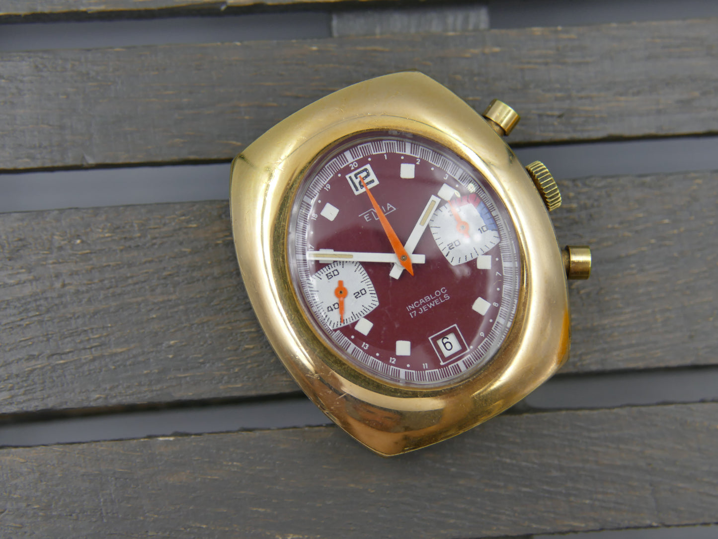 70s vintage watch mens Elvia chronograph valjoux 7734 burgundy