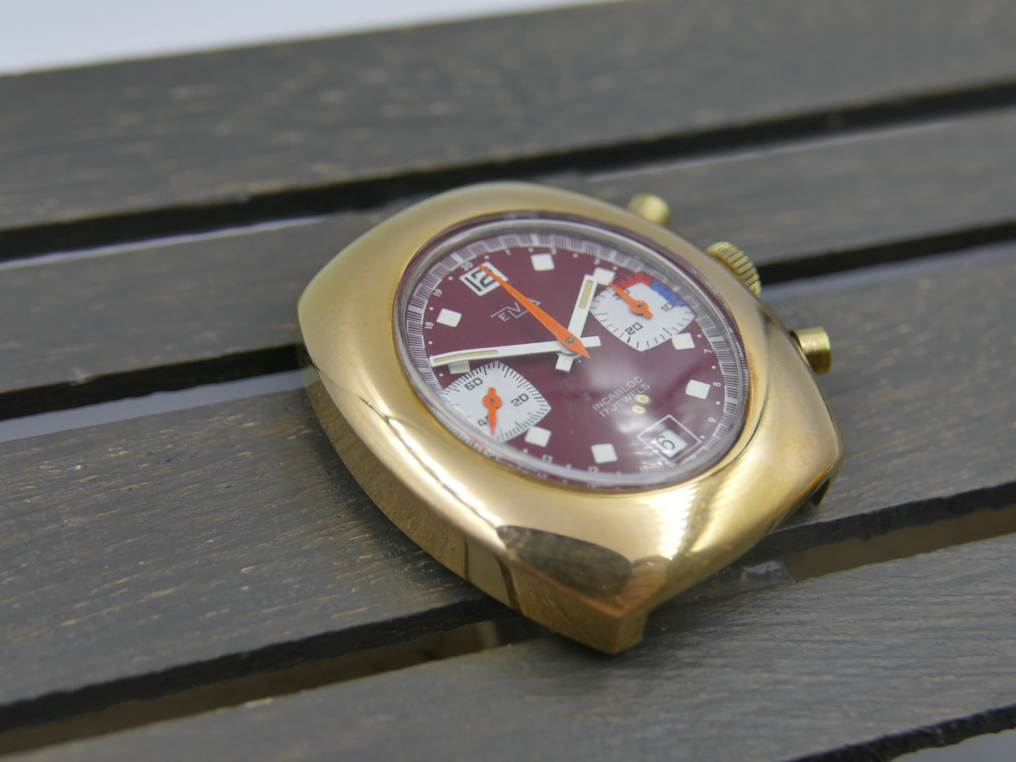 70s vintage watch mens Elvia chronograph valjoux 7734 burgundy