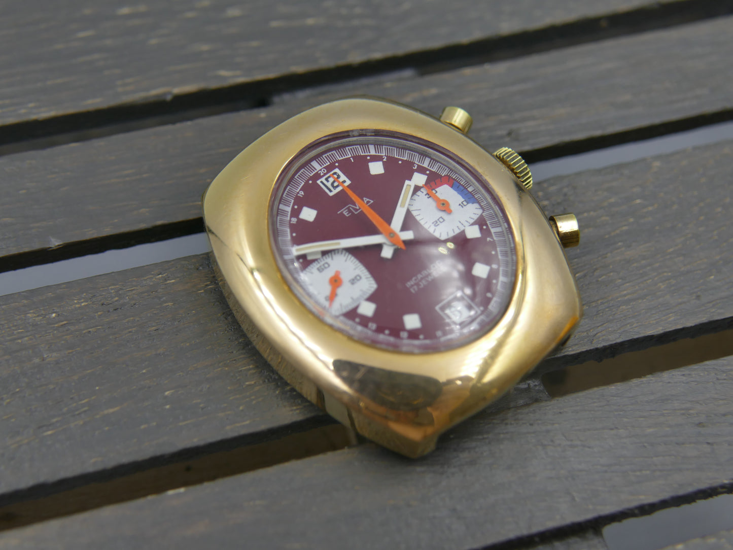 70s vintage watch mens Elvia chronograph valjoux 7734 burgundy
