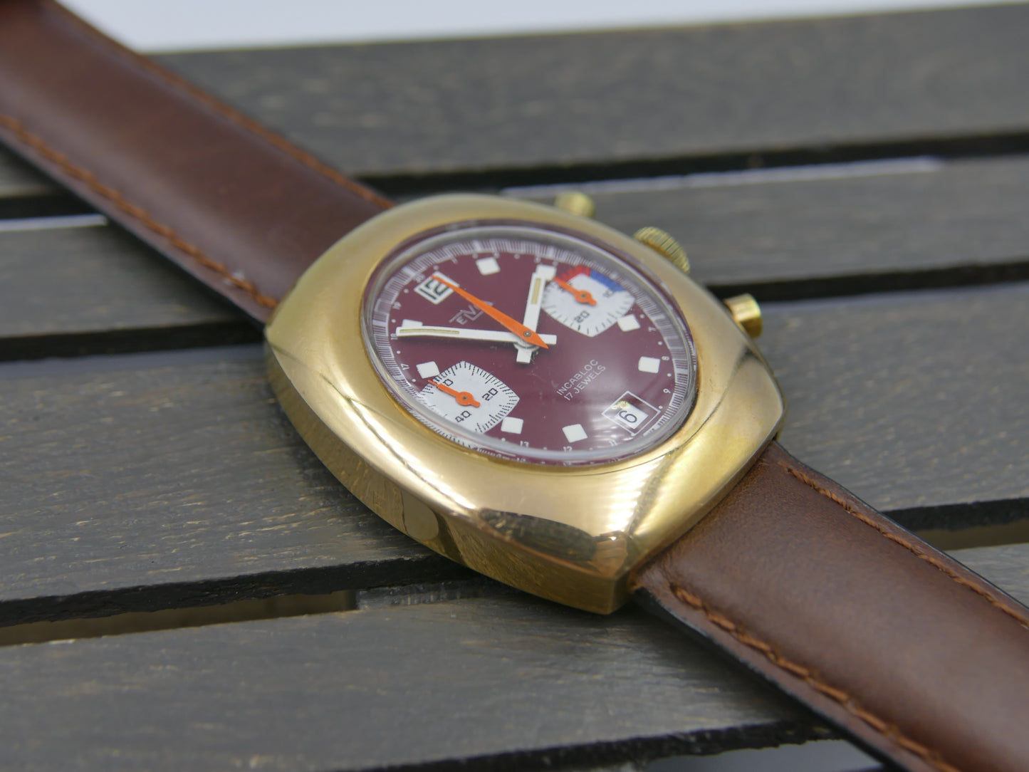 70s vintage watch mens Elvia chronograph valjoux 7734 burgundy