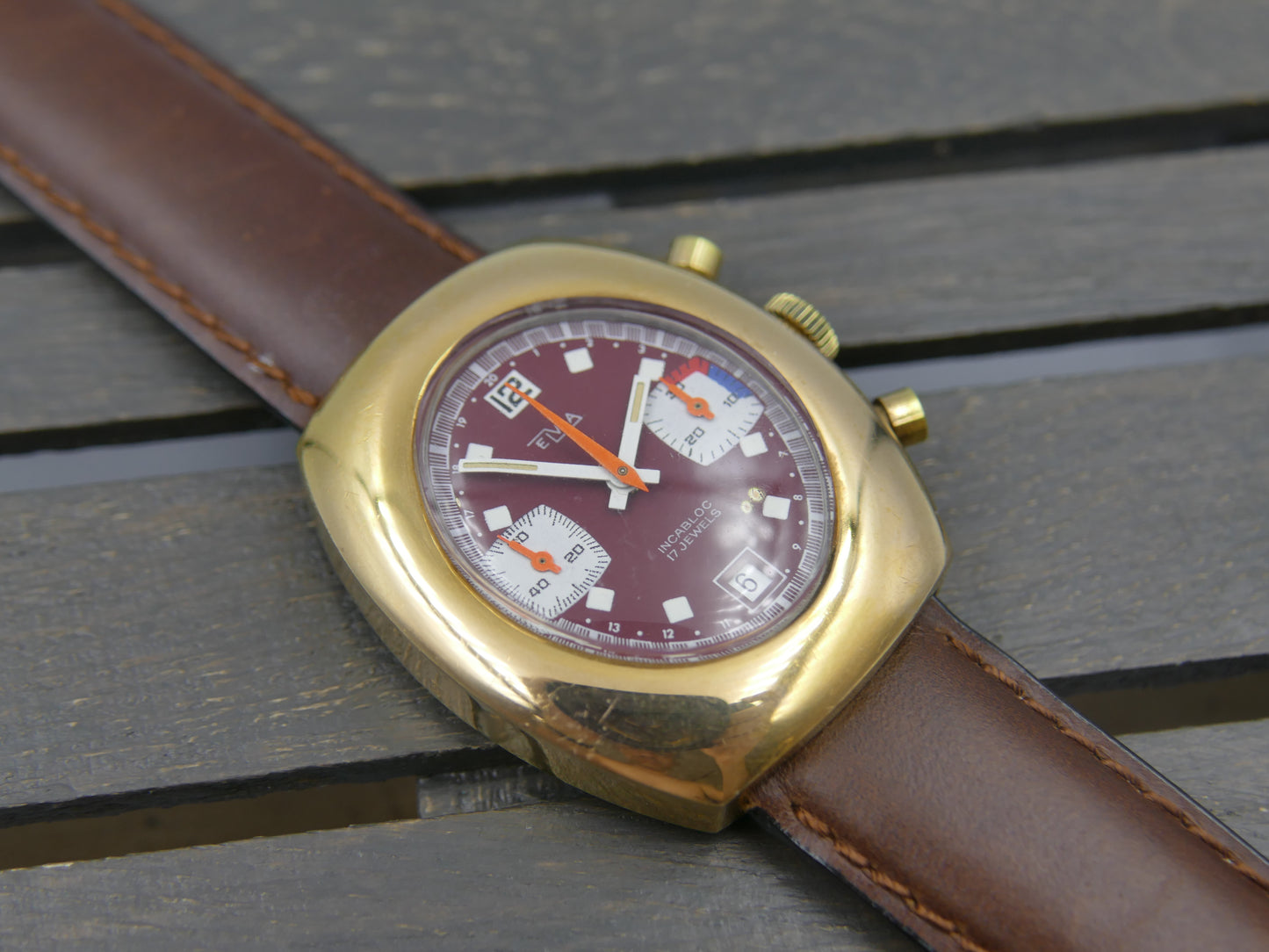 70s vintage watch mens Elvia chronograph valjoux 7734 burgundy