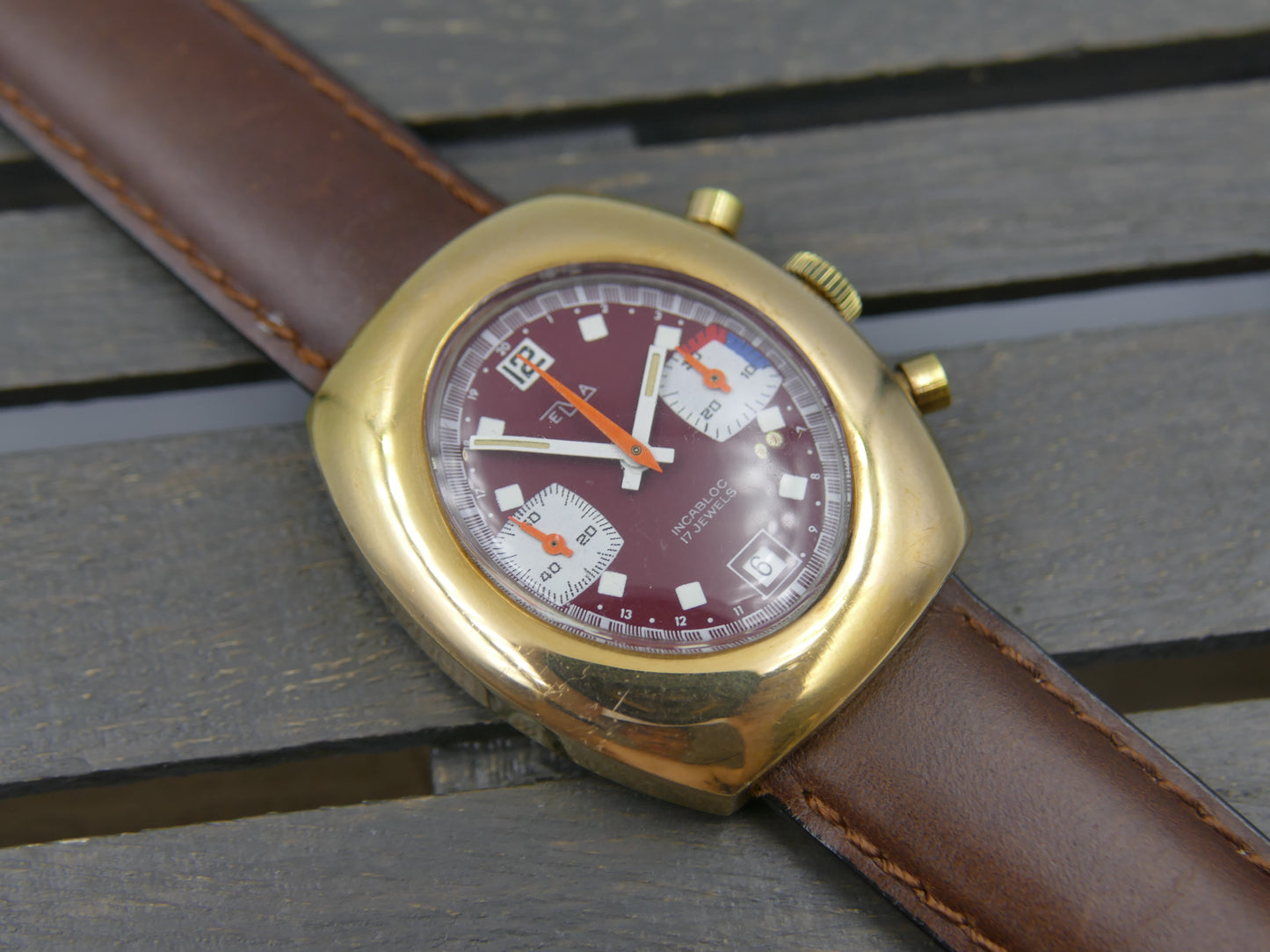 70s vintage watch mens Elvia chronograph valjoux 7734 burgundy